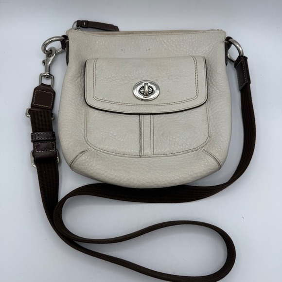 Coach Leather Crossbody Bag Cream Brown Trim Turn Lock Flap Shoulder Bag - Picture 1 of 9